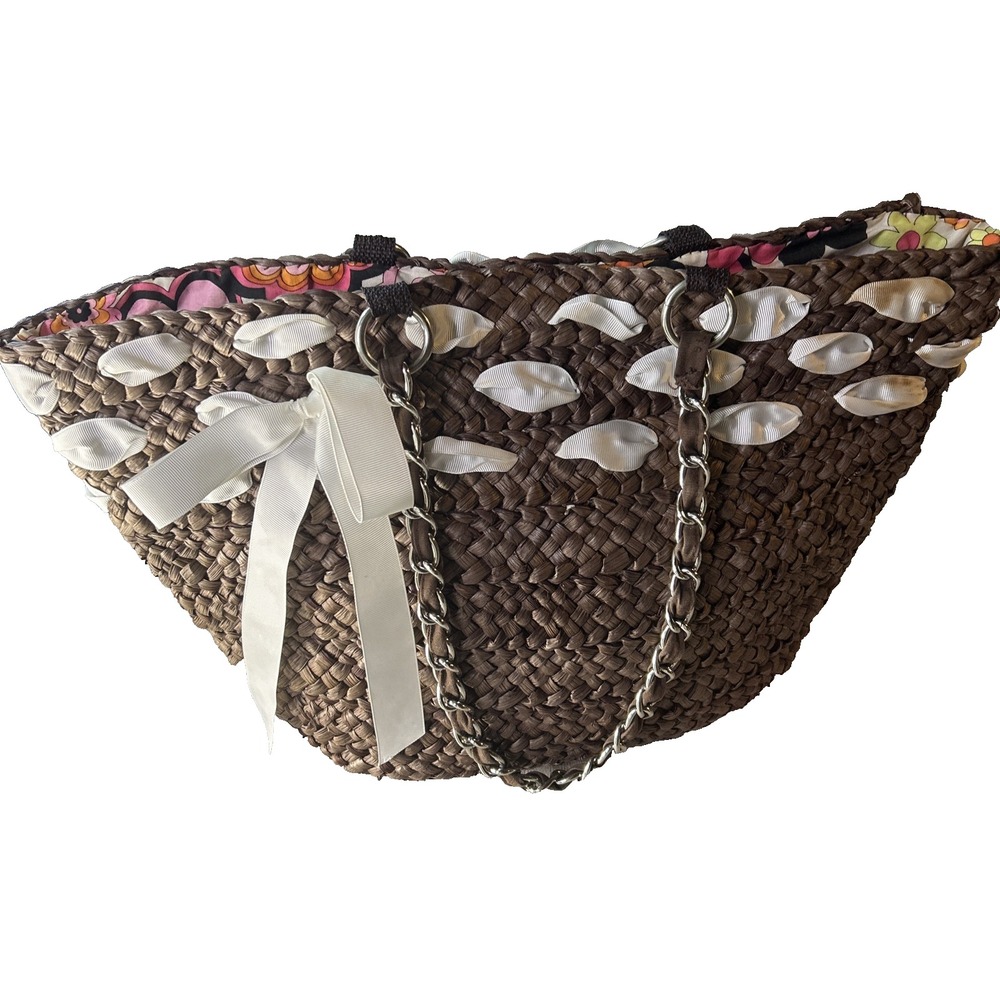 Raffia Bucket Tote Bag Boho Beach Vacation Travel Straw Shell Bow Medium - Picture 3 of 16